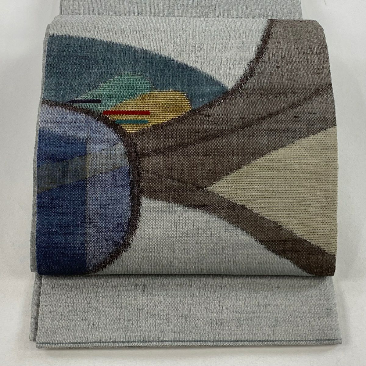 【美品】 袋帶 秀品級 關西仕立 幾何學圖案 金金箔 灰綠 お太鼓柄 純蠶絲