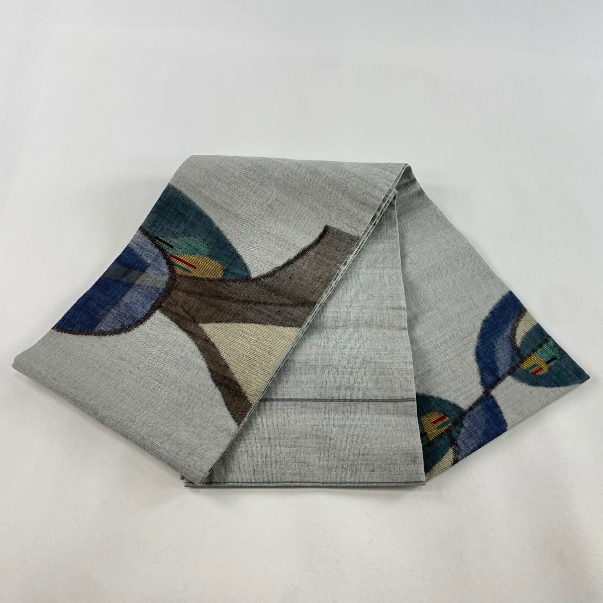 【美品】 袋帶 秀品級 關西仕立 幾何學圖案 金金箔 灰綠 お太鼓柄 純蠶絲