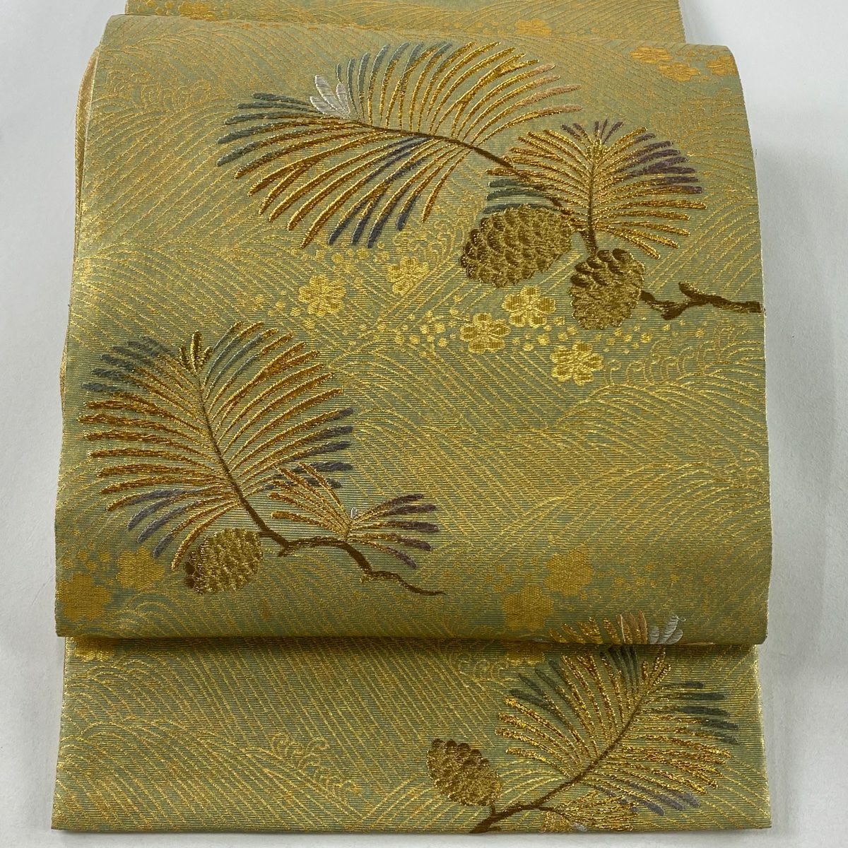 袋帶 秀品級 松樹 波 金銀絲 金金箔 抹茶 純蠶絲