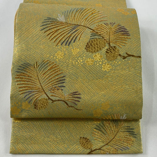 袋帶 秀品級 松樹 波 金銀絲 金金箔 抹茶 純蠶絲