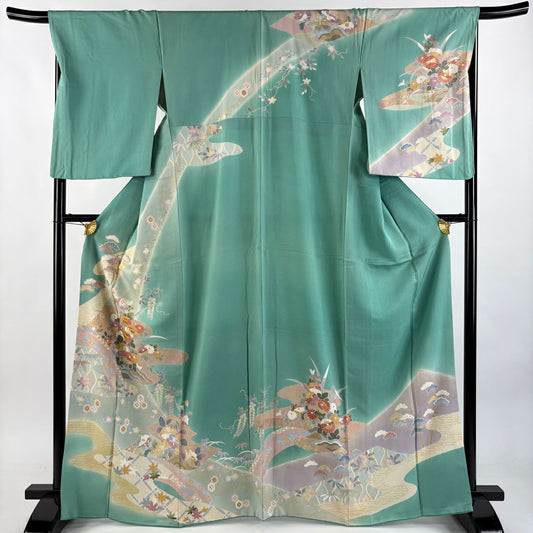 【庫存清倉】訪問服 身長166cm 袖長67.5cm L 雙層 草花紋紋 霞 金絲 金銀彩 淺綠 純蠶絲 名品級