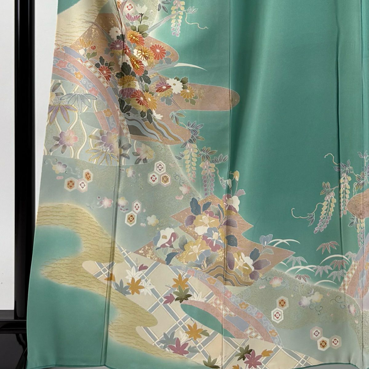 【庫存清倉】訪問服 身長166cm 袖長67.5cm L 雙層 草花紋紋 霞 金絲 金銀彩 淺綠 純蠶絲 名品級