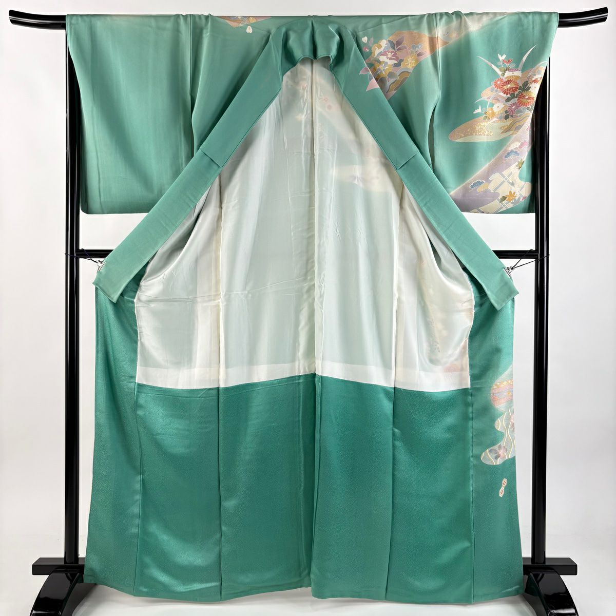 【庫存清倉】訪問服 身長166cm 袖長67.5cm L 雙層 草花紋紋 霞 金絲 金銀彩 淺綠 純蠶絲 名品級