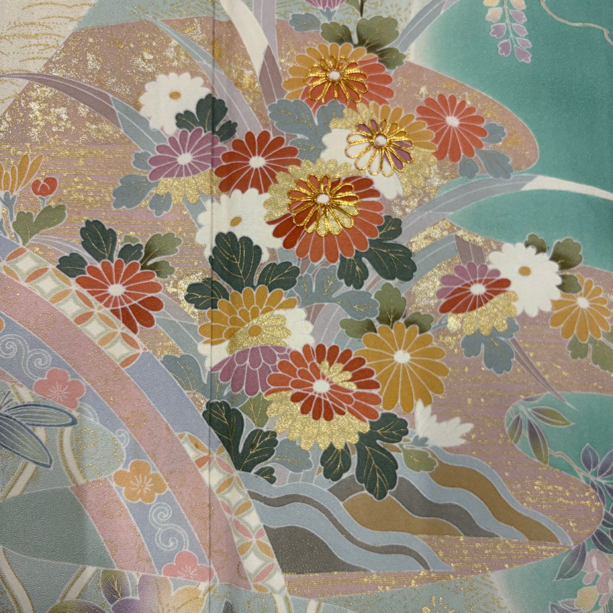 【庫存清倉】訪問服 身長166cm 袖長67.5cm L 雙層 草花紋紋 霞 金絲 金銀彩 淺綠 純蠶絲 名品級