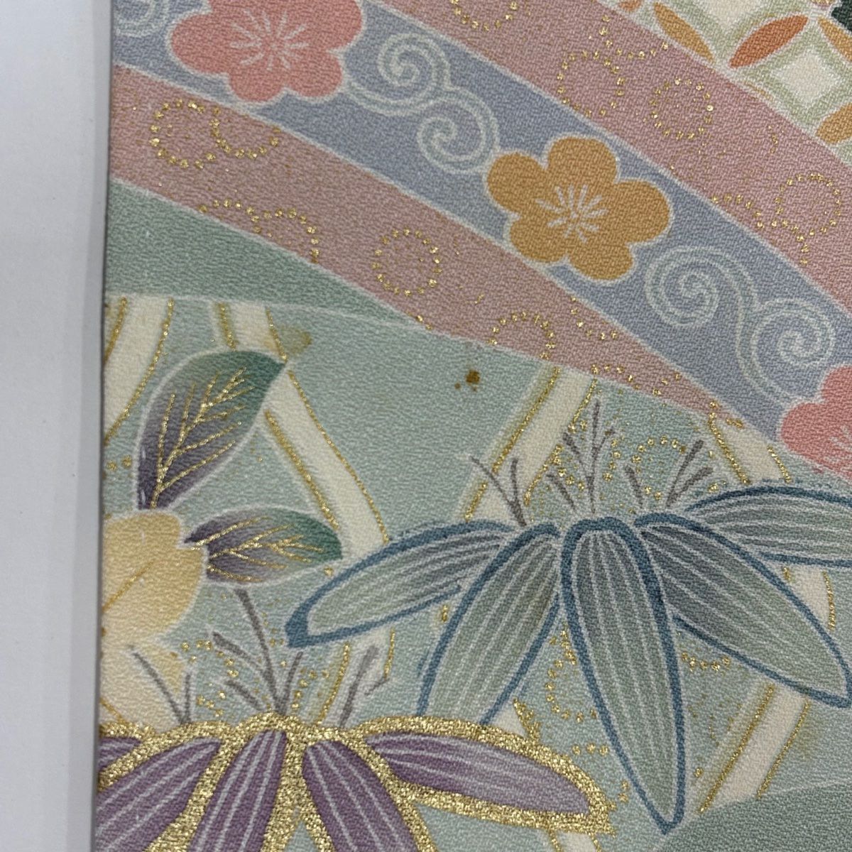 【庫存清倉】訪問服 身長166cm 袖長67.5cm L 雙層 草花紋紋 霞 金絲 金銀彩 淺綠 純蠶絲 名品級