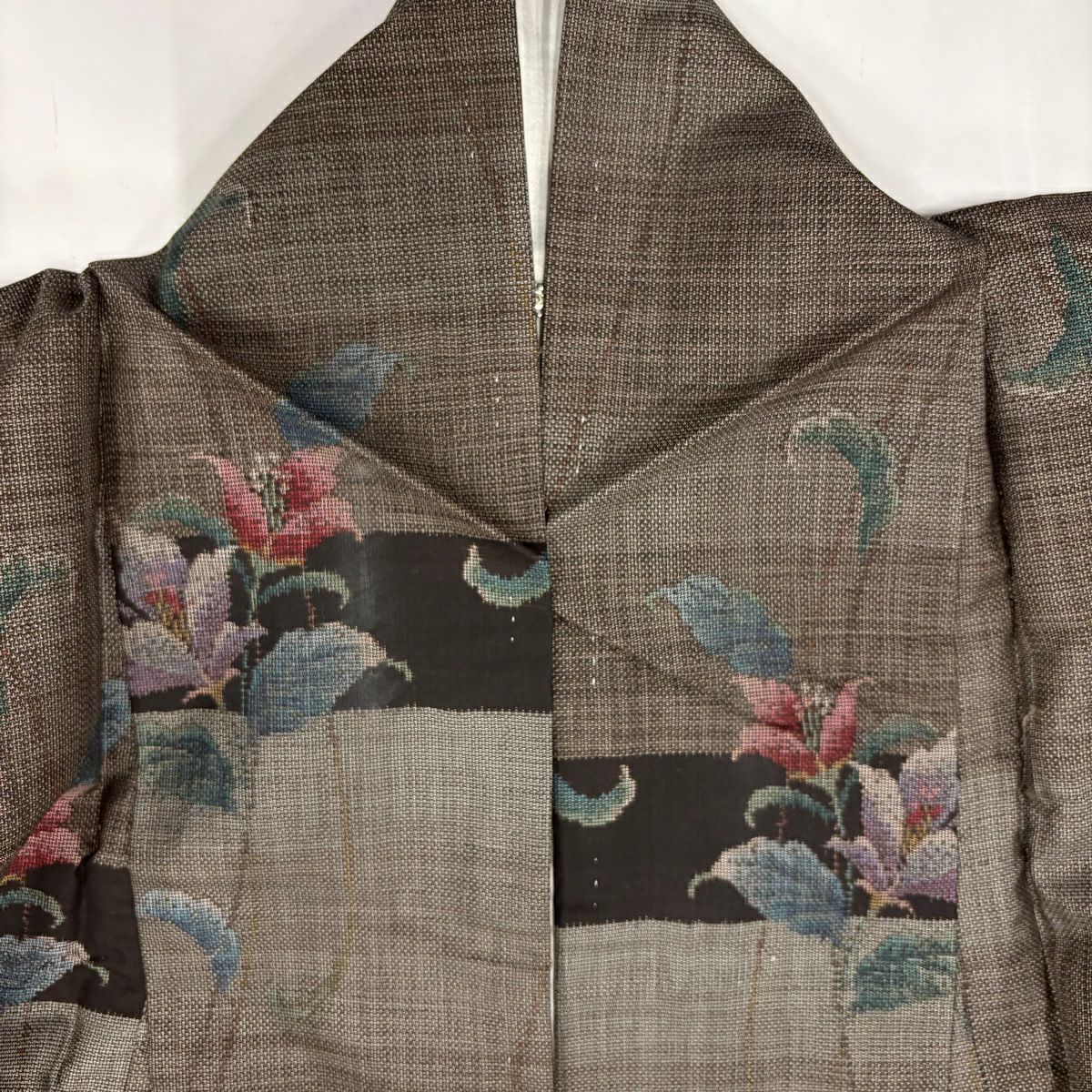 【庫存清倉】 紬織 身長158cm 袖長65cm M 雙層 草花紋紋 變化市松樹 焦茶 純蠶絲 名品級