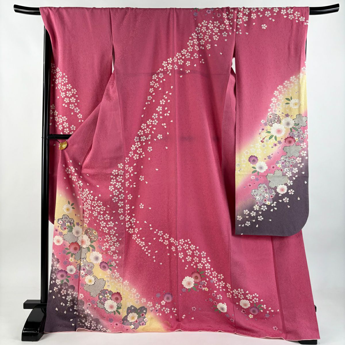 振袖禮服 身長171.5cm 袖長69cm L 雙層 手鞠 櫻花 金金箔 金銀彩 粉紅 純蠶絲 名品級
