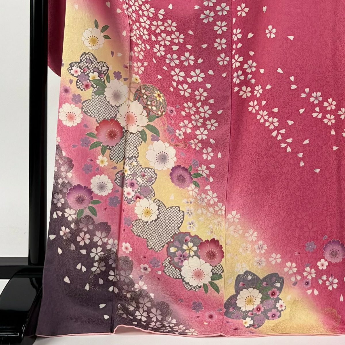 振袖禮服 身長171.5cm 袖長69cm L 雙層 手鞠 櫻花 金金箔 金銀彩 粉紅 純蠶絲 名品級