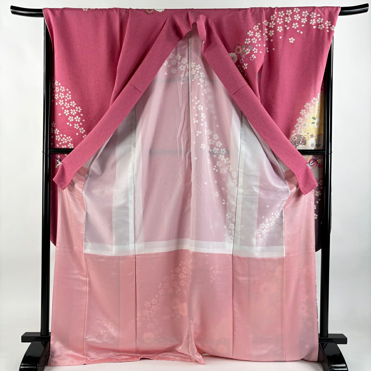 振袖禮服 身長171.5cm 袖長69cm L 雙層 手鞠 櫻花 金金箔 金銀彩 粉紅 純蠶絲 名品級