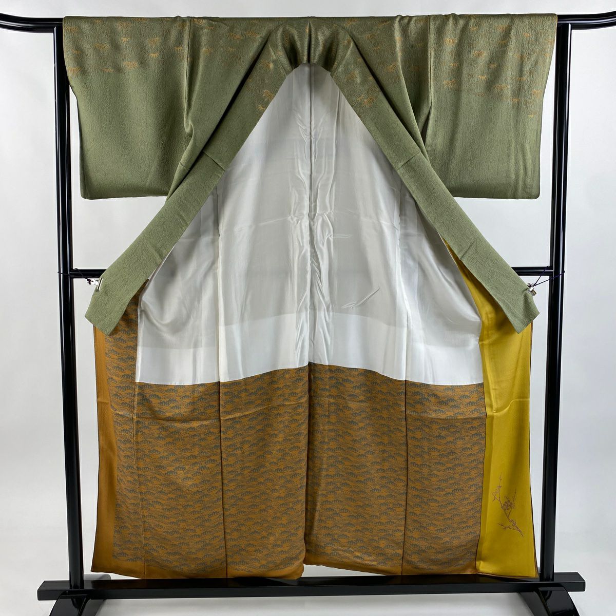 【庫存清倉】 【美品】 訪問服 身長157cm 袖長64cm M 雙層 竹子 金銀彩 艾草綠 純蠶絲 名品級