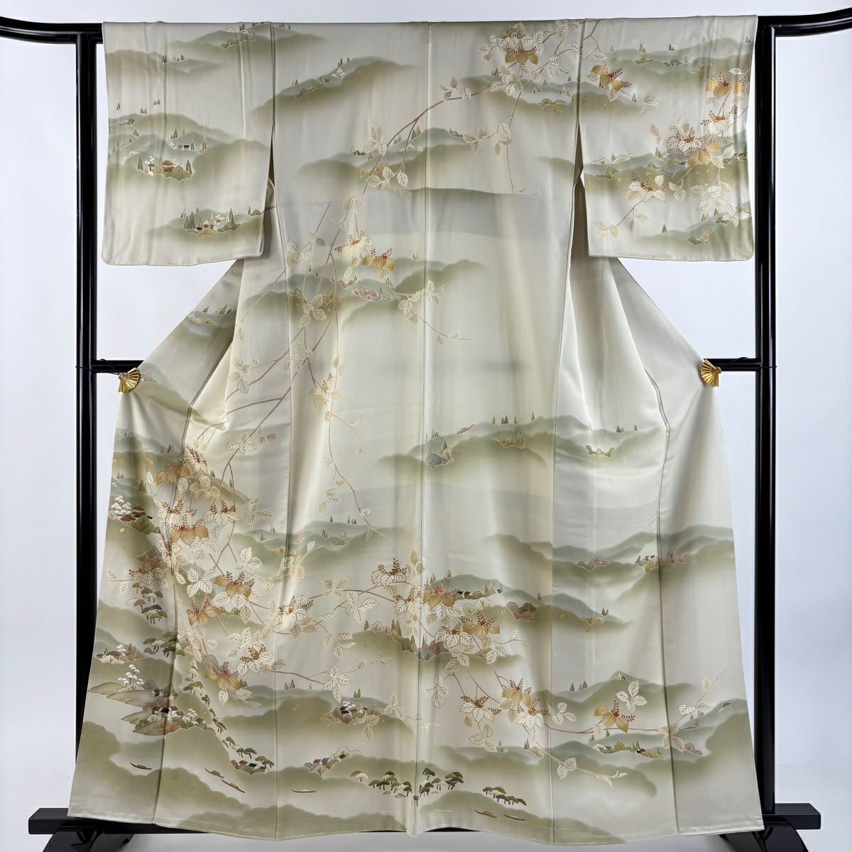 【庫存清倉】訪問服 身長159cm 袖長63cm S 雙層 風景 桐 金絲 金銀彩 灰綠 純蠶絲 名品級 一個紋