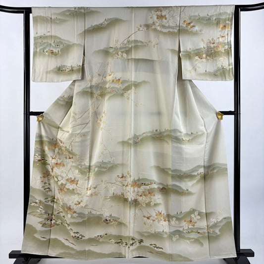【庫存清倉】訪問服 身長159cm 袖長63cm S 雙層 風景 桐 金絲 金銀彩 灰綠 純蠶絲 名品級 一個紋