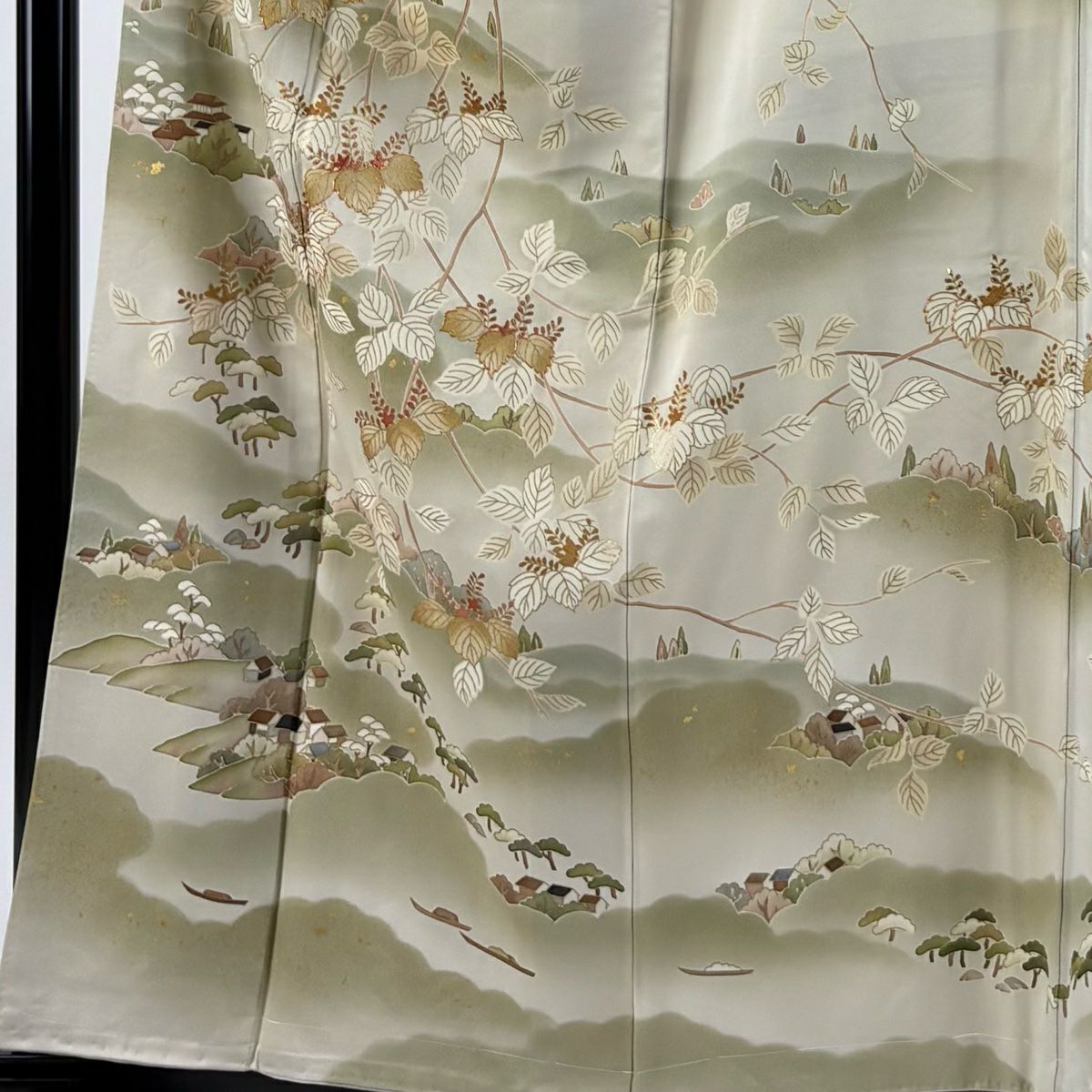 【庫存清倉】訪問服 身長159cm 袖長63cm S 雙層 風景 桐 金絲 金銀彩 灰綠 純蠶絲 名品級 一個紋