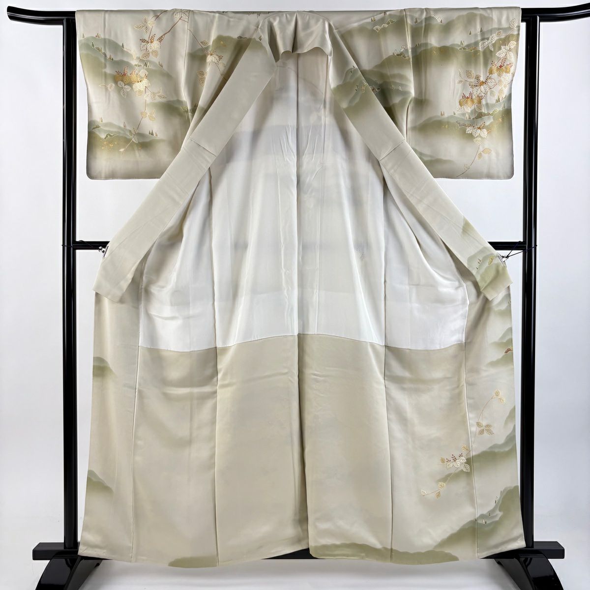 【庫存清倉】訪問服 身長159cm 袖長63cm S 雙層 風景 桐 金絲 金銀彩 灰綠 純蠶絲 名品級 一個紋