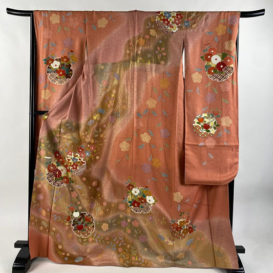 【美品】振袖禮服 身長168cm 袖長66cm M 雙層 雪輪 草花紋 金絲 金銀彩 鮭粉色 純蠶絲 名品級