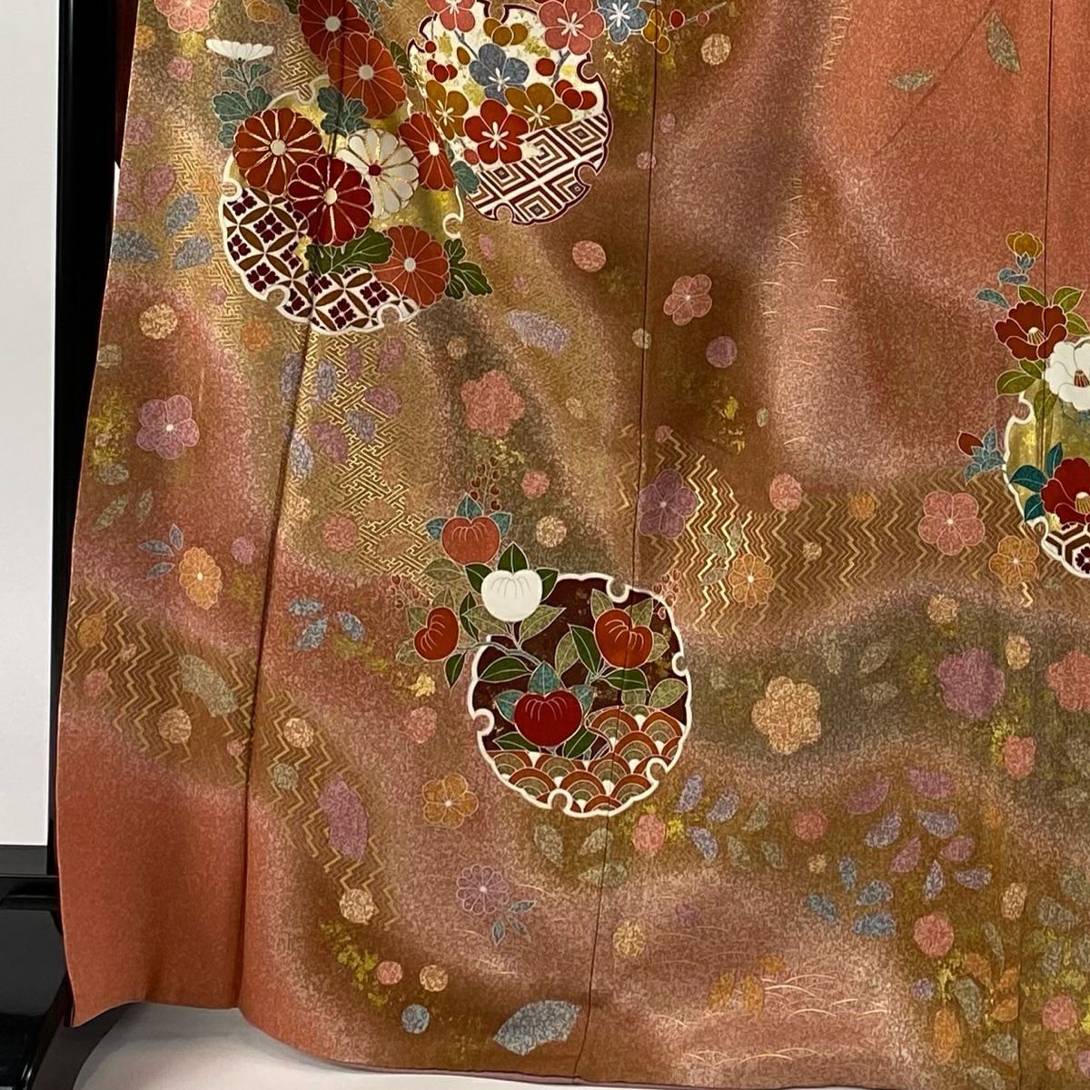 【美品】振袖禮服 身長168cm 袖長66cm M 雙層 雪輪 草花紋 金絲 金銀彩 鮭粉色 純蠶絲 名品級