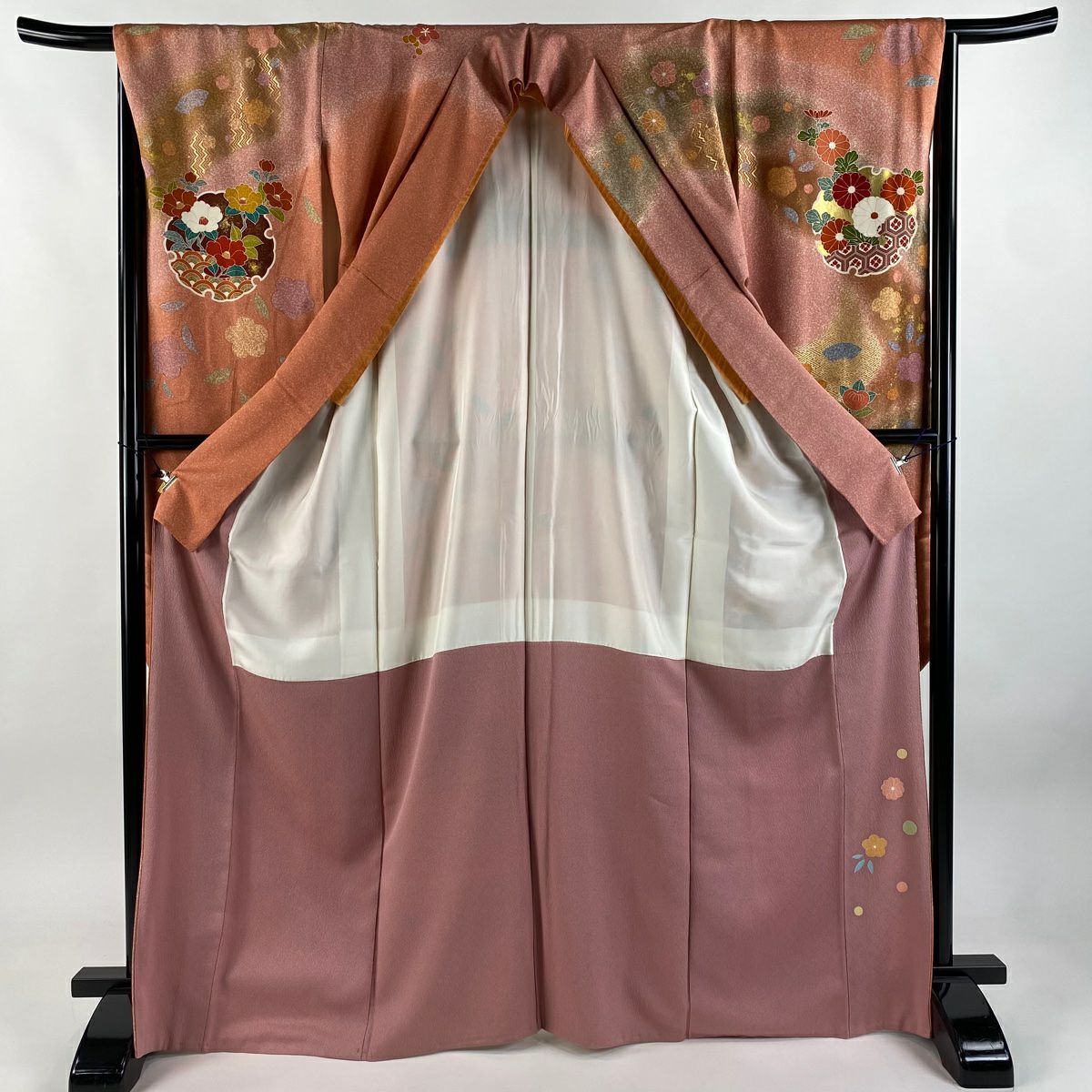 【美品】振袖禮服 身長168cm 袖長66cm M 雙層 雪輪 草花紋 金絲 金銀彩 鮭粉色 純蠶絲 名品級