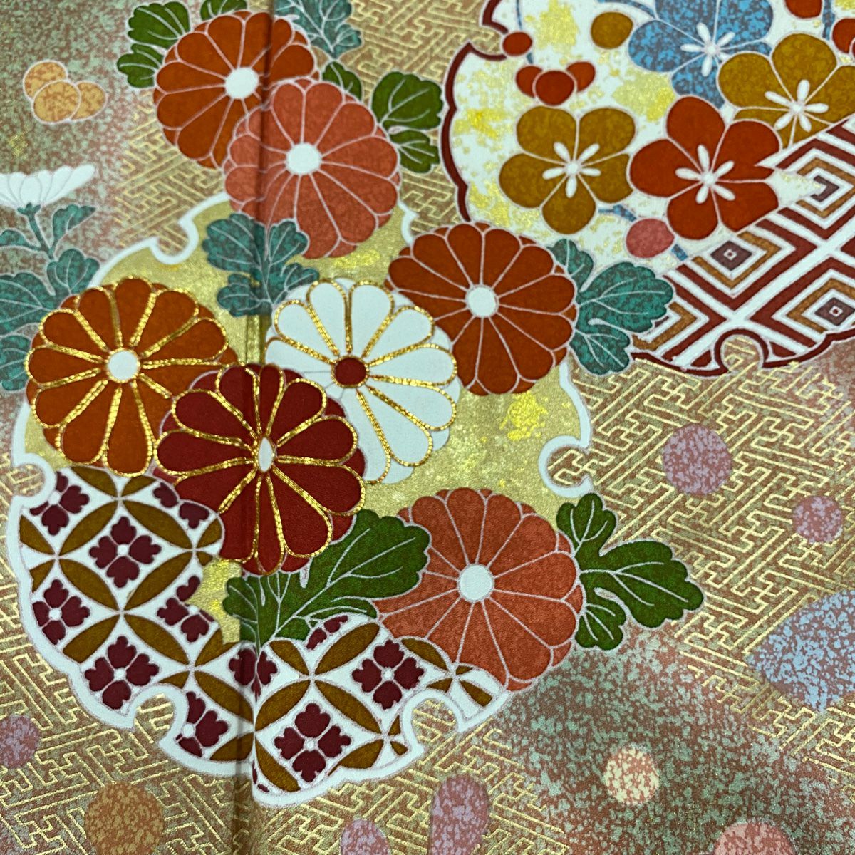 【美品】振袖禮服 身長168cm 袖長66cm M 雙層 雪輪 草花紋 金絲 金銀彩 鮭粉色 純蠶絲 名品級