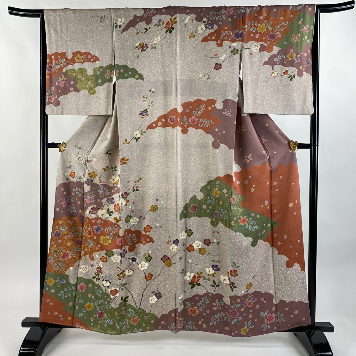 訪問服 身長158cm 袖長65cm M 雙層 雪輪 櫻花 金絲 金銀彩 薄小豆 純蠶絲 名品級