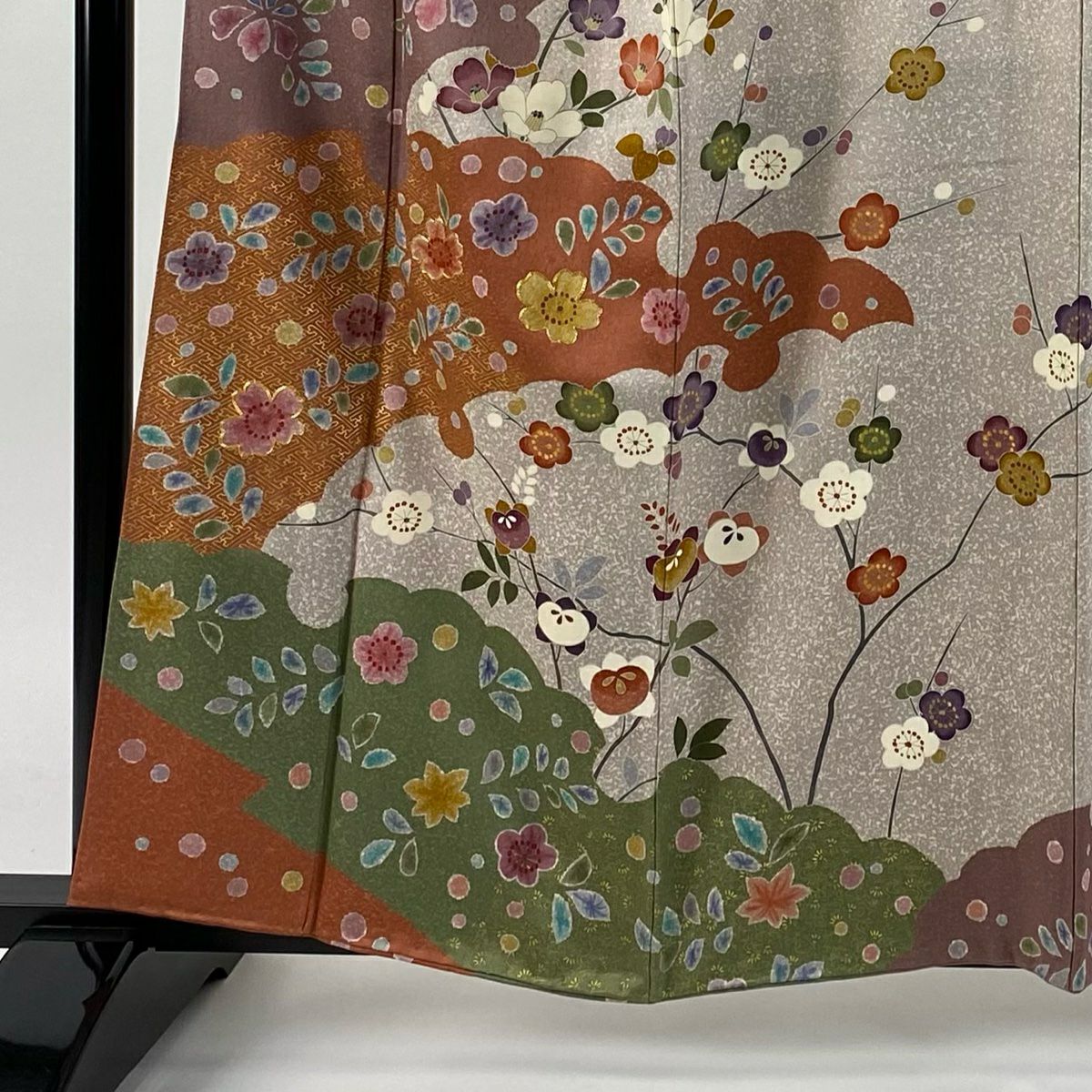 訪問服 身長158cm 袖長65cm M 雙層 雪輪 櫻花 金絲 金銀彩 薄小豆 純蠶絲 名品級