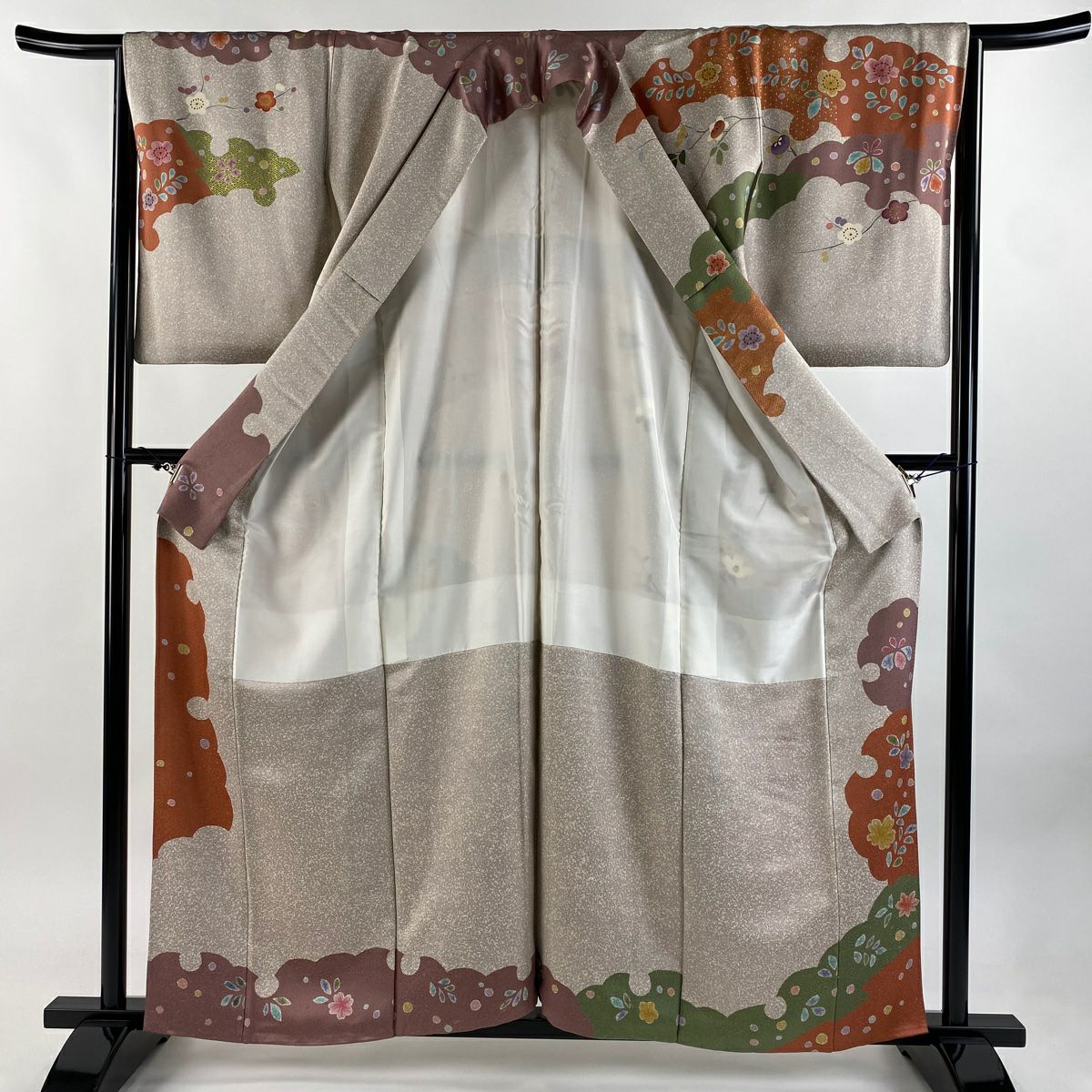 訪問服 身長158cm 袖長65cm M 雙層 雪輪 櫻花 金絲 金銀彩 薄小豆 純蠶絲 名品級