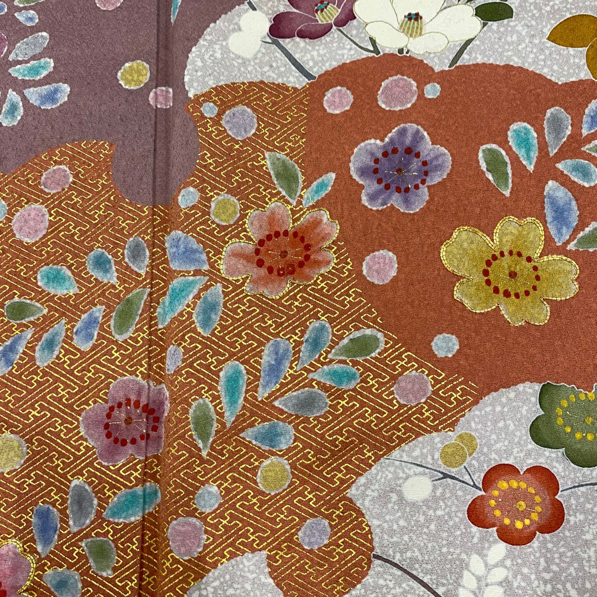 訪問服 身長158cm 袖長65cm M 雙層 雪輪 櫻花 金絲 金銀彩 薄小豆 純蠶絲 名品級