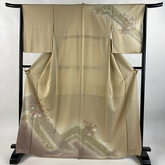 【美品】訪問服 身長167cm 袖長63.5cm S 雙層 幾帳 草花紋紋 刺繡 漸層 米色 純蠶絲 名品級