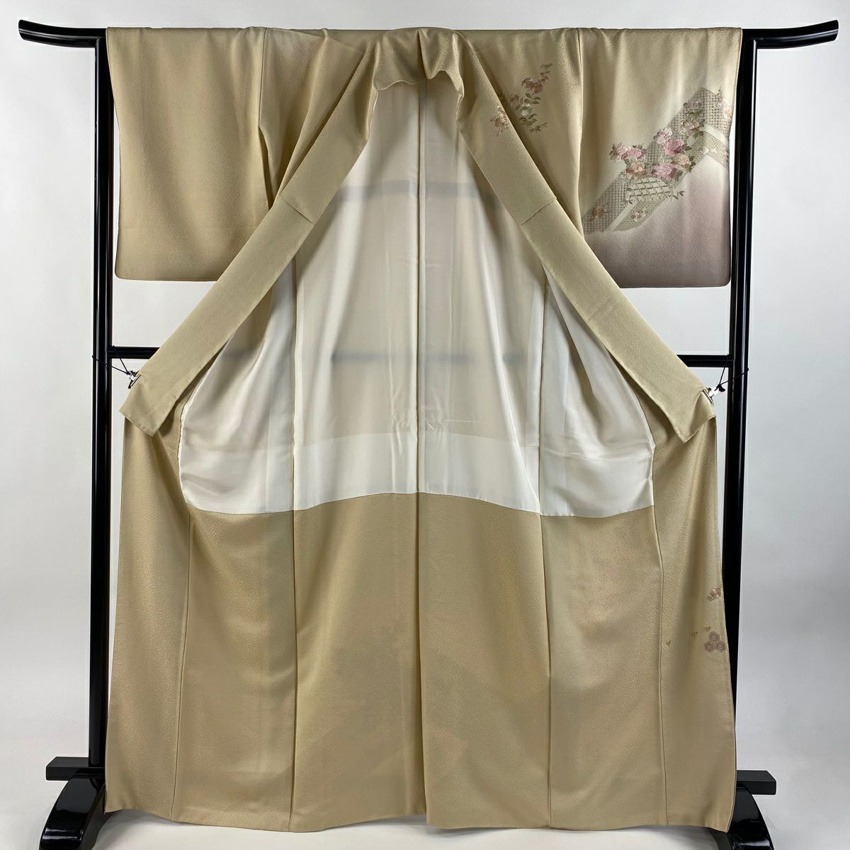 【美品】訪問服 身長167cm 袖長63.5cm S 雙層 幾帳 草花紋紋 刺繡 漸層 米色 純蠶絲 名品級