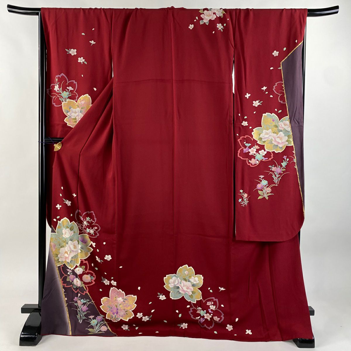 【美品】振袖禮服 身長172cm 袖長69cm L 雙層 椿 櫻花 金金箔 金銀彩 深紅色 純蠶絲 名品級