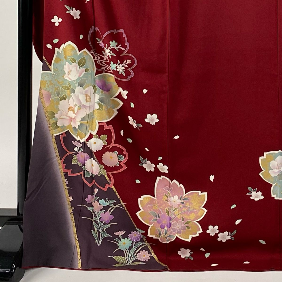 【美品】振袖禮服 身長172cm 袖長69cm L 雙層 椿 櫻花 金金箔 金銀彩 深紅色 純蠶絲 名品級