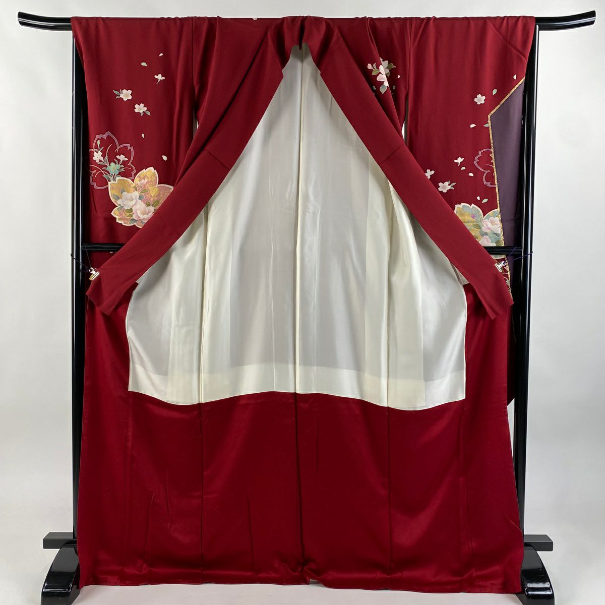 【美品】振袖禮服 身長172cm 袖長69cm L 雙層 椿 櫻花 金金箔 金銀彩 深紅色 純蠶絲 名品級