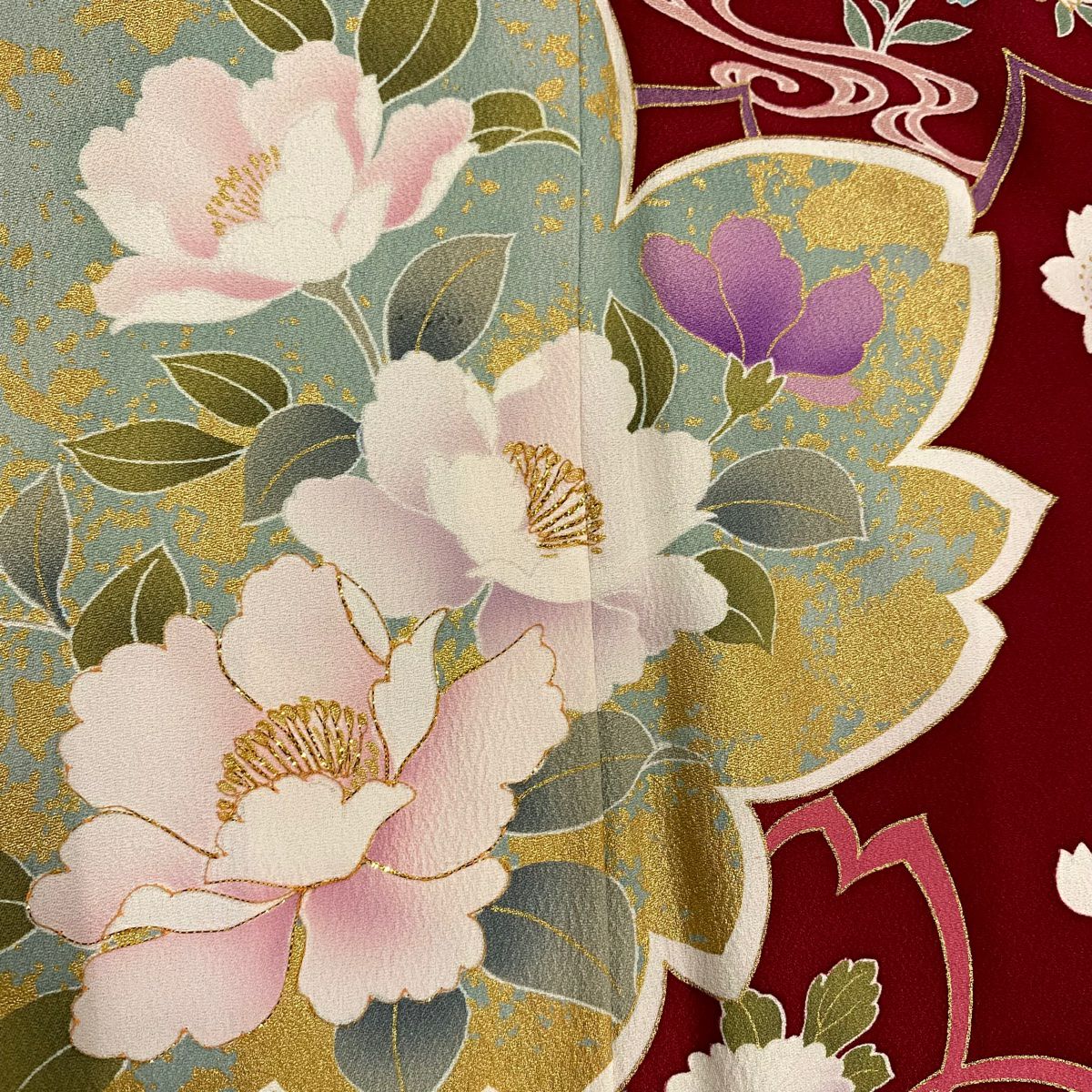 【美品】振袖禮服 身長172cm 袖長69cm L 雙層 椿 櫻花 金金箔 金銀彩 深紅色 純蠶絲 名品級