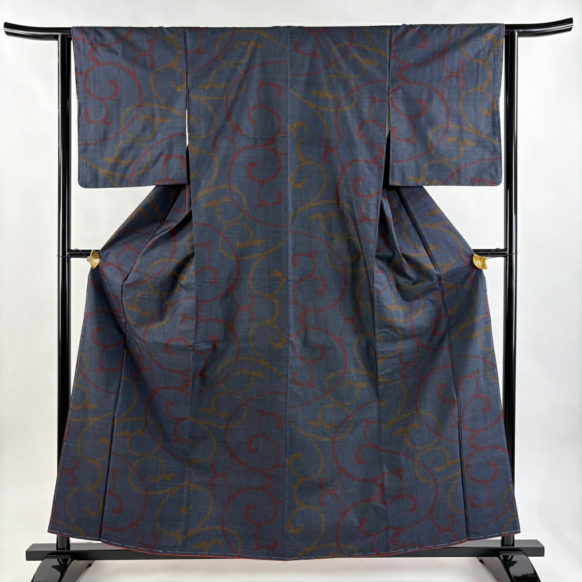 【美品】 紬織織 身長160cm 袖長62.5cm S 雙層 鈕扣領 唐草紋 純蠶絲 優品級