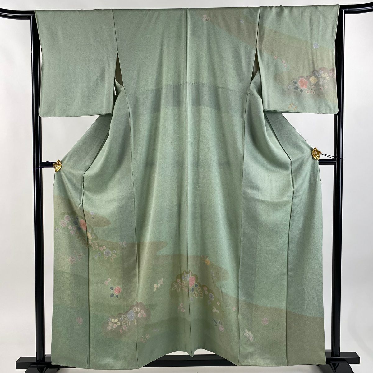 訪問服 身長157.5cm 袖長64cm M 雙層 草花紋紋 霞 金銀彩 染分 薄綠 純蠶絲 優品級