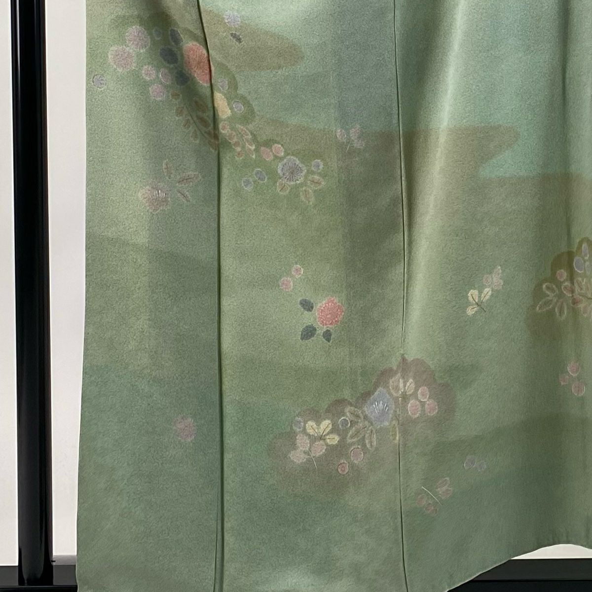 訪問服 身長157.5cm 袖長64cm M 雙層 草花紋紋 霞 金銀彩 染分 薄綠 純蠶絲 優品級
