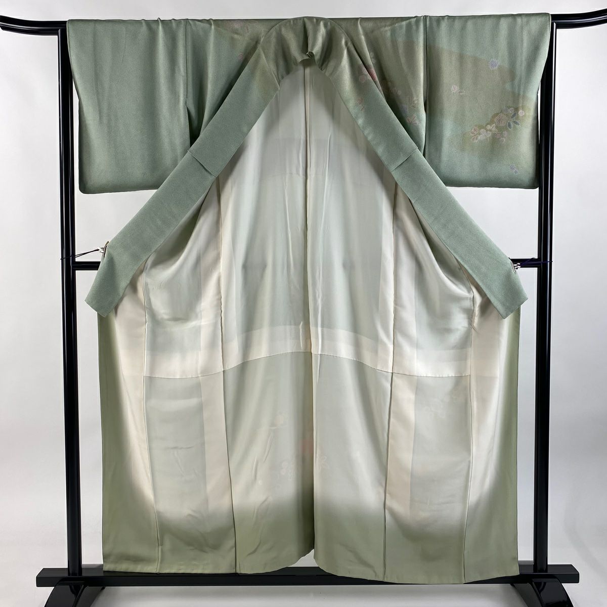 訪問服 身長157.5cm 袖長64cm M 雙層 草花紋紋 霞 金銀彩 染分 薄綠 純蠶絲 優品級