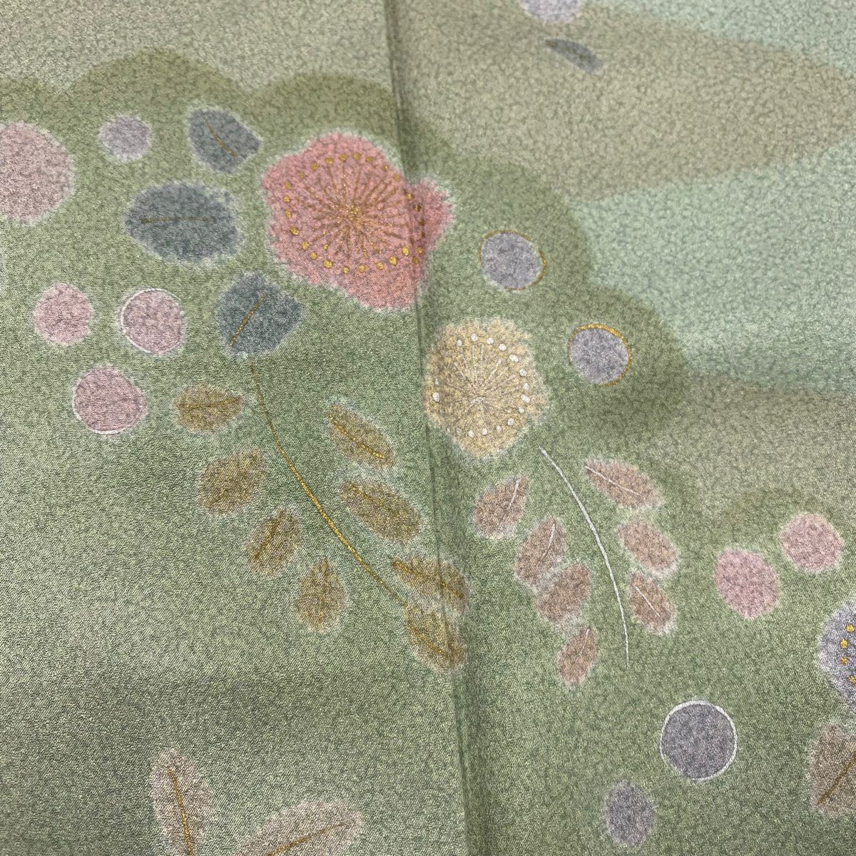 訪問服 身長157.5cm 袖長64cm M 雙層 草花紋紋 霞 金銀彩 染分 薄綠 純蠶絲 優品級