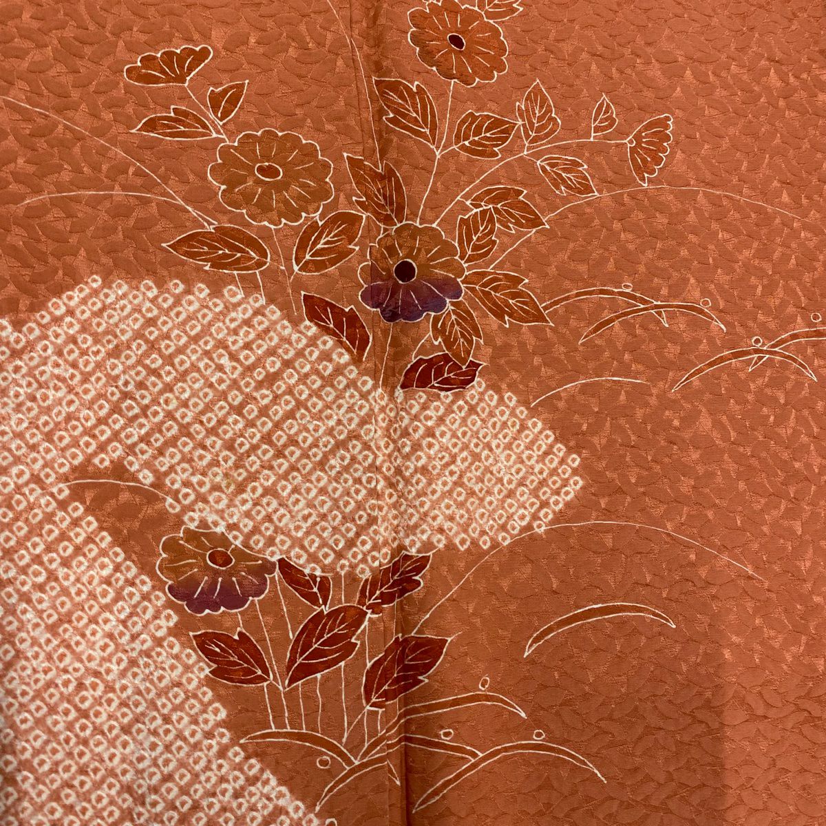 付下 身長160.5cm 袖長65cm M 雙層 草花紋紋 絞染 刺繡 橙色 純蠶絲 優品級