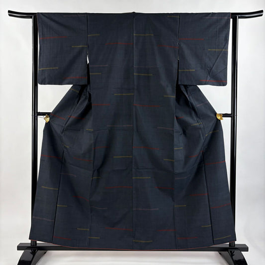 【美品】 紬織 身長159cm 袖長62cm S 雙層 條紋 深藍 純蠶絲 優品級
