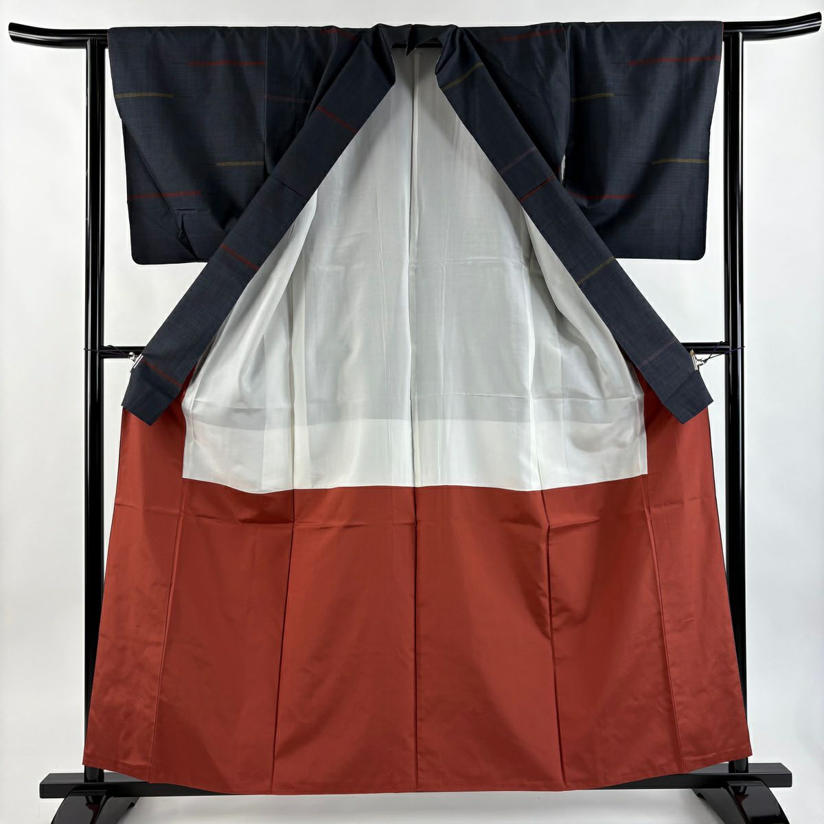 【美品】 紬織 身長159cm 袖長62cm S 雙層 條紋 深藍 純蠶絲 優品級