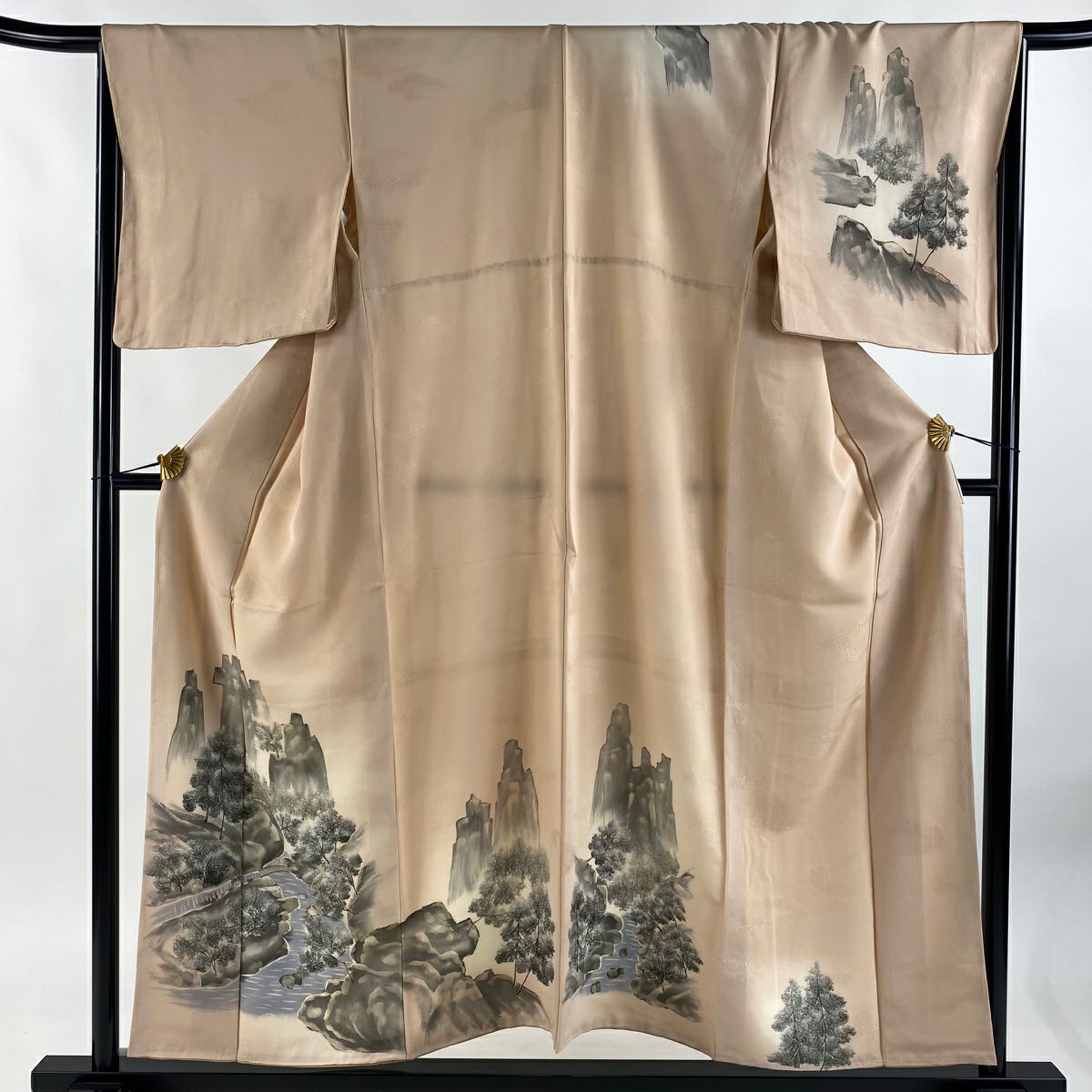 【美品】 付下 身長155cm 袖長67.5cm L 雙層 風景 建物 粉米色 純蠶絲 優品級 一個紋