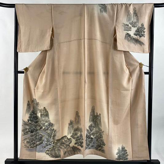 【美品】 付下 身長155cm 袖長67.5cm L 雙層 風景 建物 粉米色 純蠶絲 優品級 一個紋