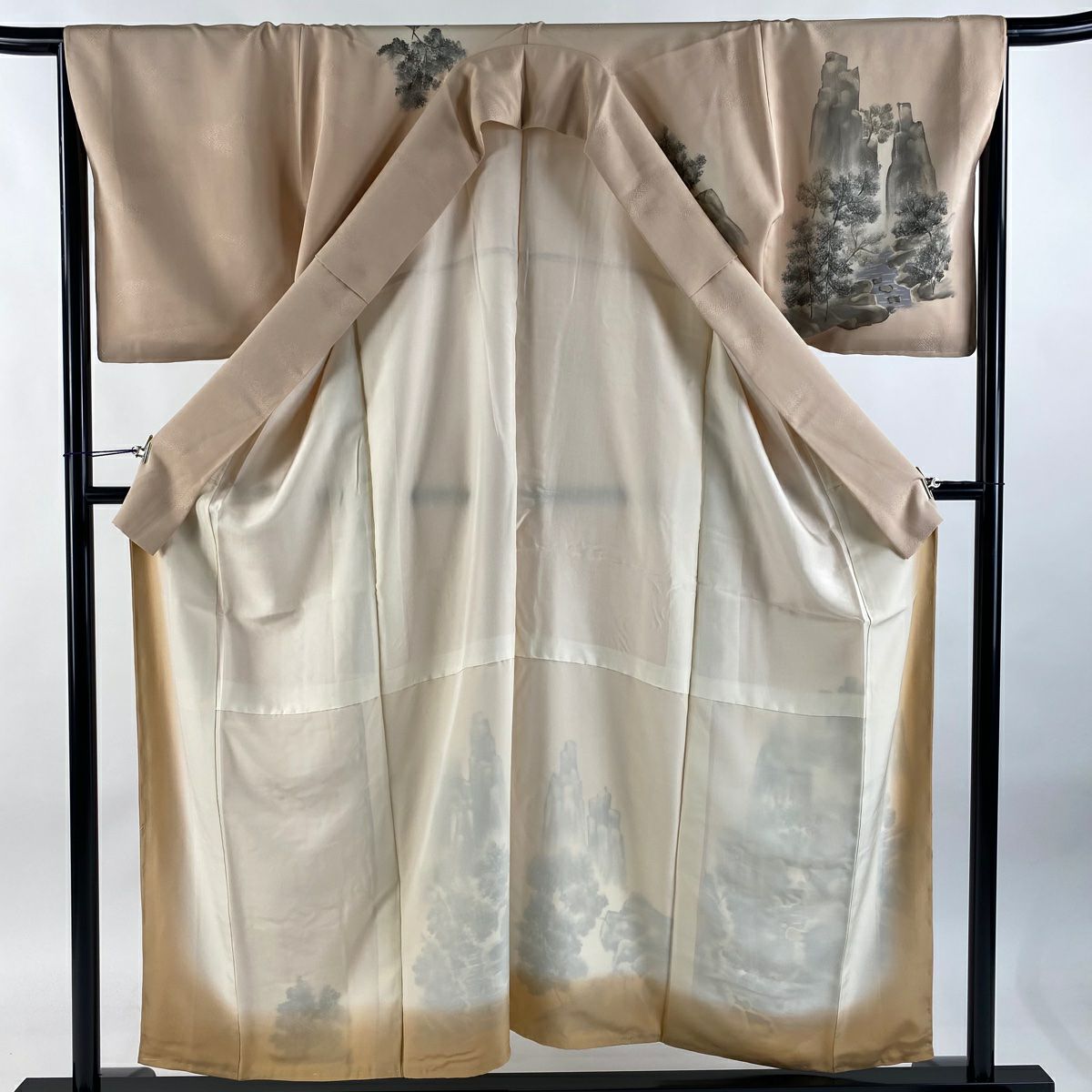 【美品】 付下 身長155cm 袖長67.5cm L 雙層 風景 建物 粉米色 純蠶絲 優品級 一個紋