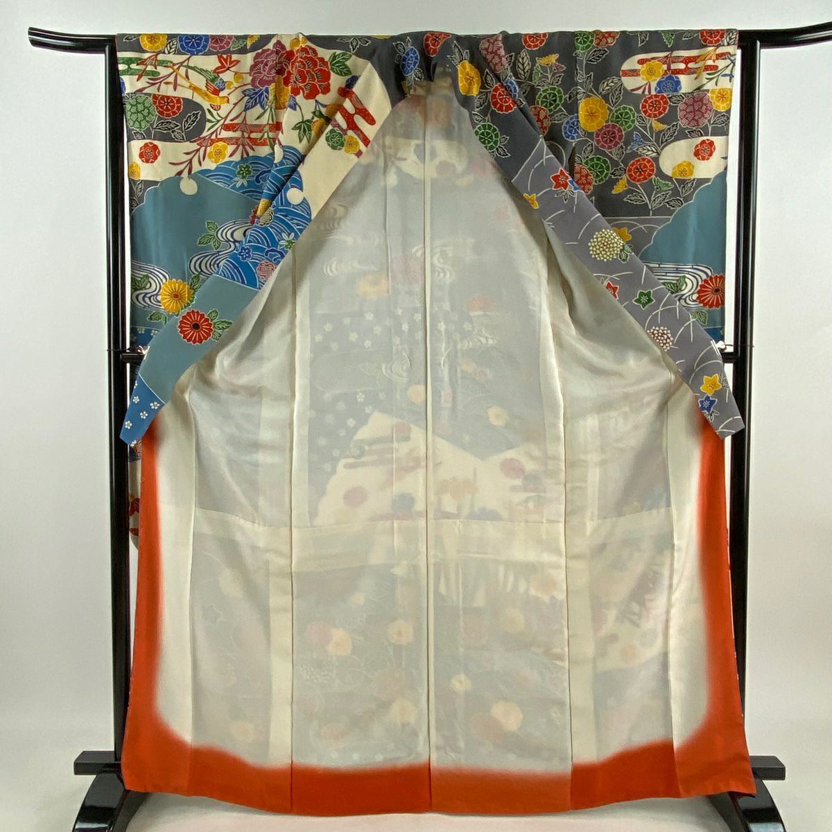 振袖禮服 身長167cm 袖長63.5cm S 雙層 花籠 ヱ霞 縮緬 灰 純蠶絲 名品級