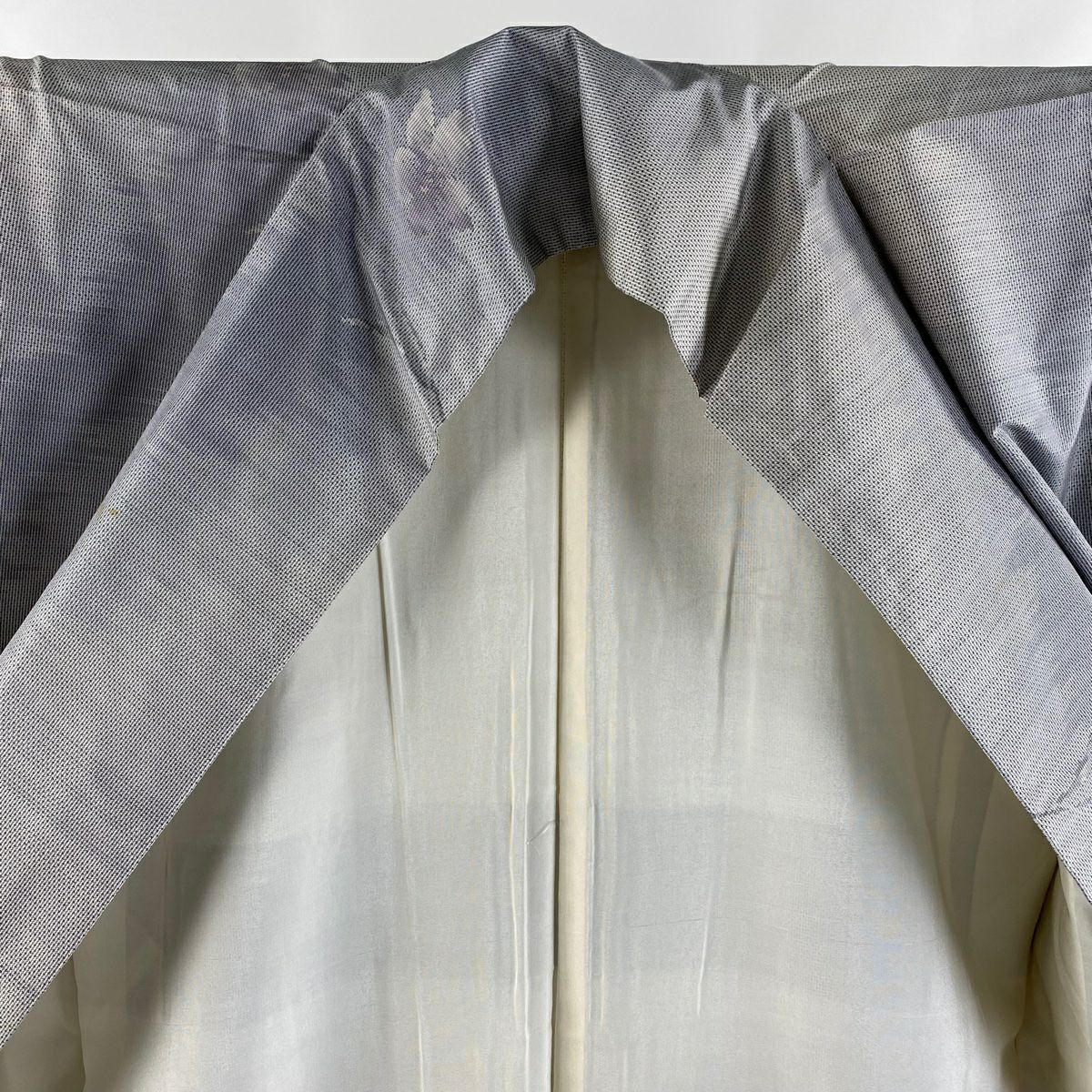 大島紬織 身長158.5cm 袖長62.5cm S 雙層 名匠たかし 草花紋紋 霞 青灰 純蠶絲 逸品級