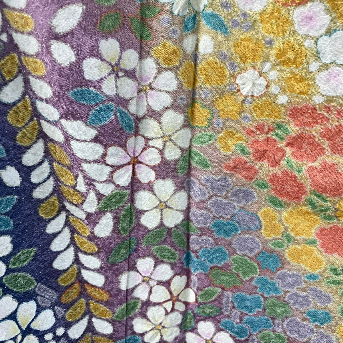 振袖禮服 身長167cm 袖長65.5cm M 雙層 櫻花 梅花花 金通 絞染 灰紫 純蠶絲 逸品級