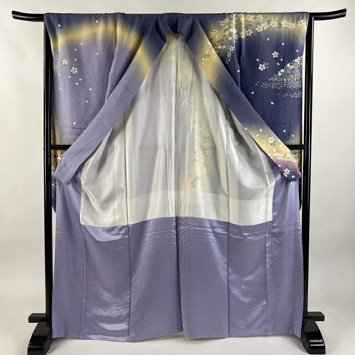 振袖禮服 身長167cm 袖長65.5cm M 雙層 櫻花 梅花花 金通 絞染 灰紫 純蠶絲 逸品級