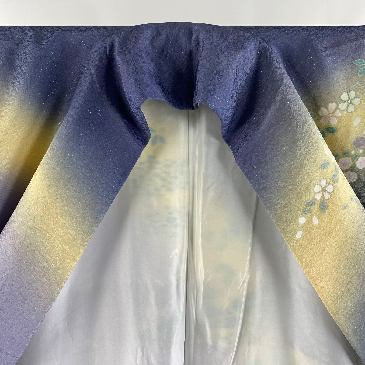 振袖禮服 身長167cm 袖長65.5cm M 雙層 櫻花 梅花花 金通 絞染 灰紫 純蠶絲 逸品級