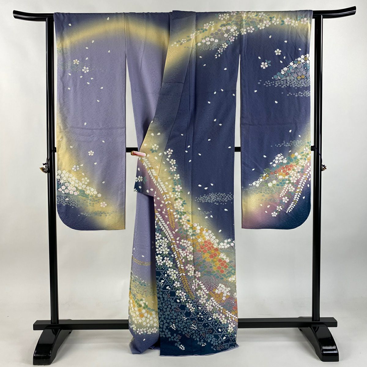 振袖禮服 身長167cm 袖長65.5cm M 雙層 櫻花 梅花花 金通 絞染 灰紫 純蠶絲 逸品級