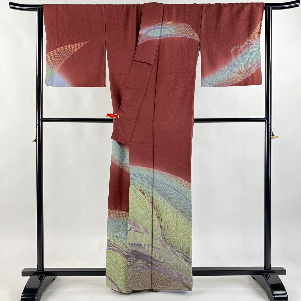 訪問服 身長161.5cm 袖長67cm M 雙層 滝泰 落款あり 波 幾何學圖案 金通し 絞染 紅紫 純蠶絲 逸品級